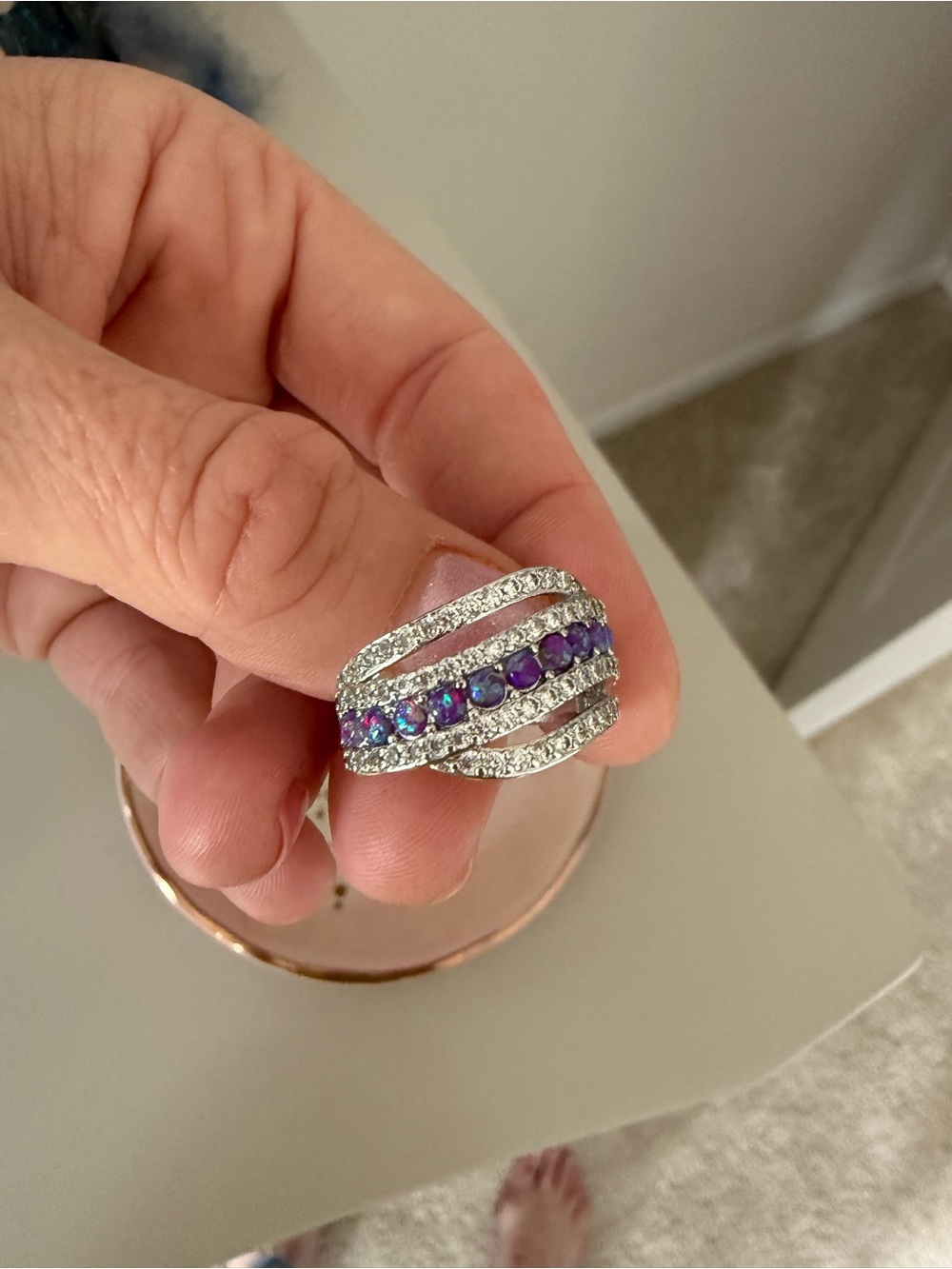 Silver Multi-Row Ring with Purple Accent Stones